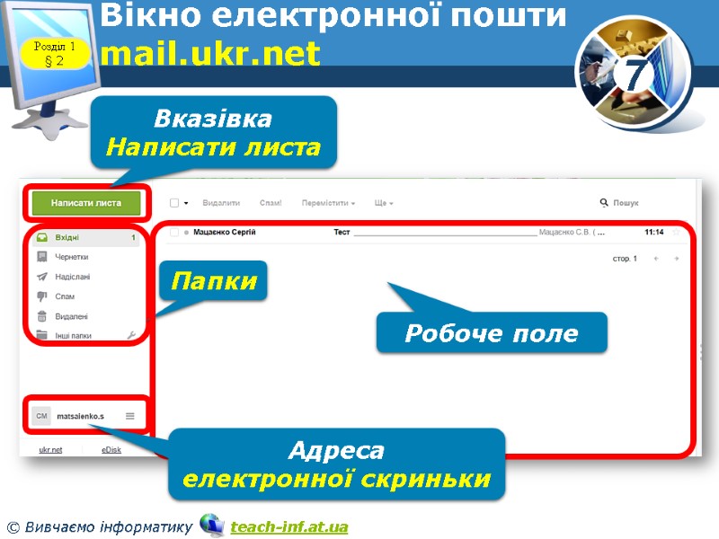 Вікно електронної пошти mail.ukr.net www.teach-inf.at.ua Розділ 1 § 2 Вказівка Написати листа Папки Робоче Вікно електронної пошти mail.ukr.net www.teach-inf.at.ua Розділ 1 § 2 Вказівка Написати листа Папки Робоче